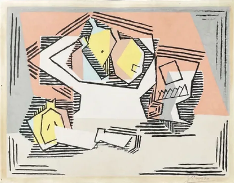 Verre et compotier (Glass and Compote) by Pablo Picasso - Stencil in colors on paper, 1922.